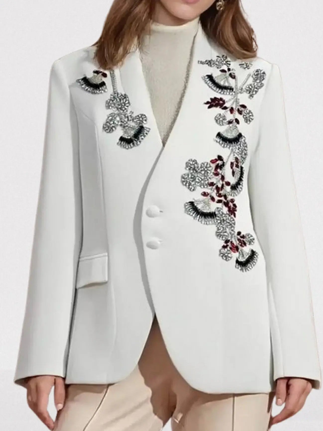 Floral-Rhinestone-Embellished Blazer - Medium / White - Jackets