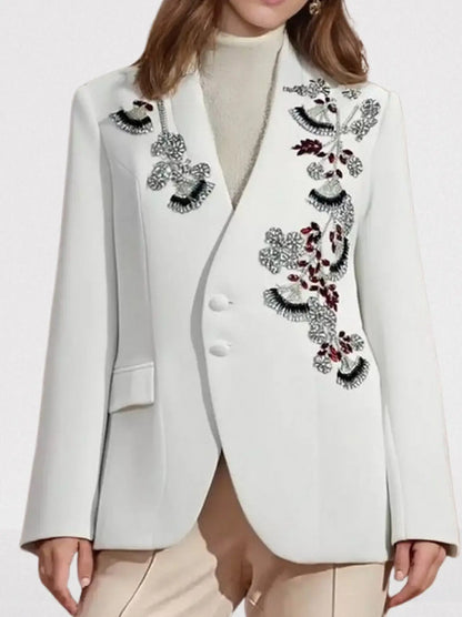 Floral-Rhinestone-Embellished Blazer - Medium / White - Jackets