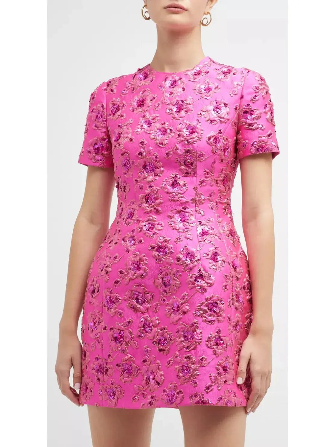 Floral Sequin Embellished Jacquard Mini Dress - Dresses