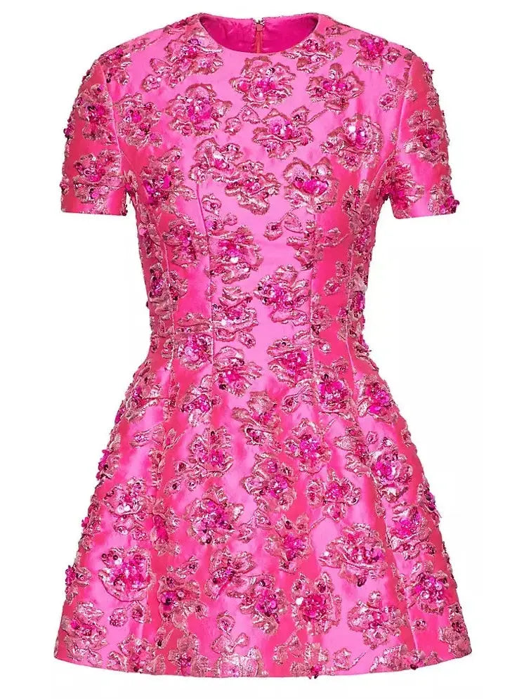 Floral Sequin Embellished Jacquard Mini Dress - Dresses