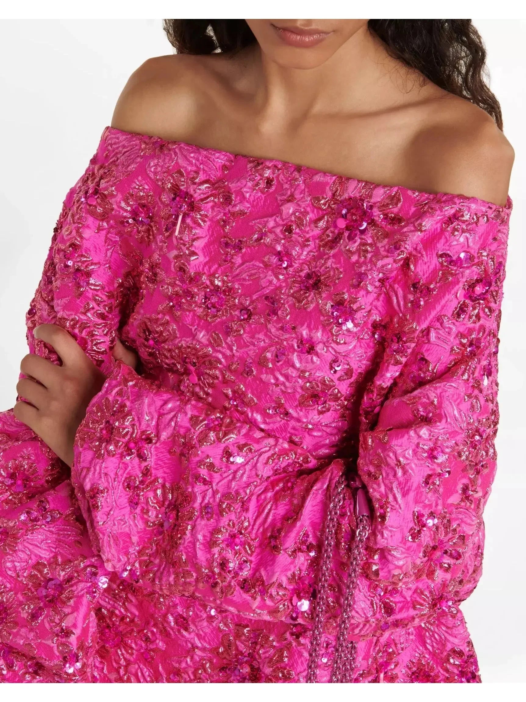 Floral Sequin Embellished Off-Shoulder Jacquard Mini Dress