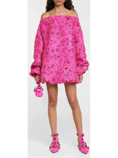 Floral Sequin Embellished Off-Shoulder Jacquard Mini Dress