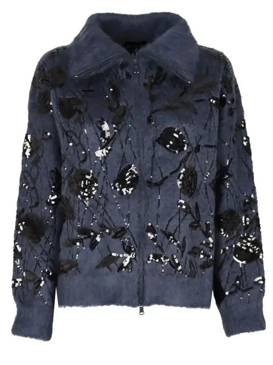 Floral Sequin Mohair and Wool Zip Cardigan Sweater - Sweaters & Knitwear