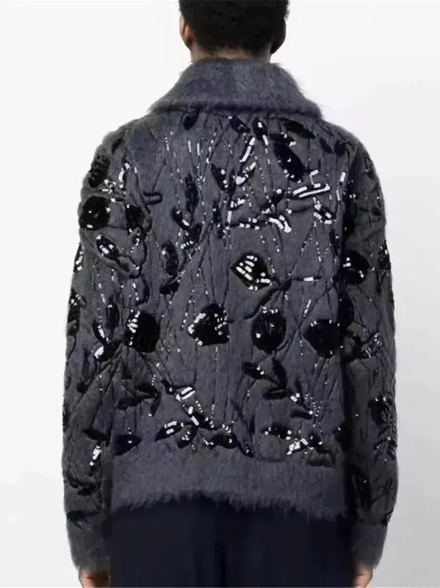 Floral Sequin Mohair and Wool Zip Cardigan Sweater - Sweaters & Knitwear