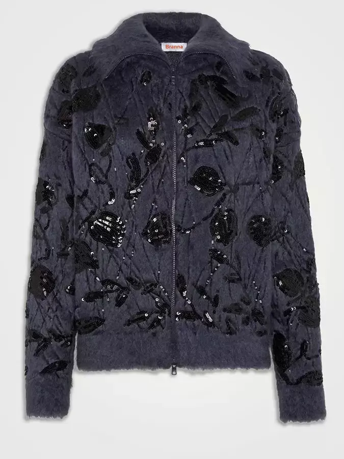 Floral Sequin Mohair and Wool Zip Cardigan Sweater - Sweaters & Knitwear