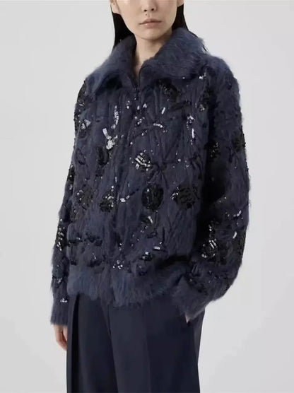 Floral Sequin Mohair and Wool Zip Cardigan Sweater - Sweaters & Knitwear