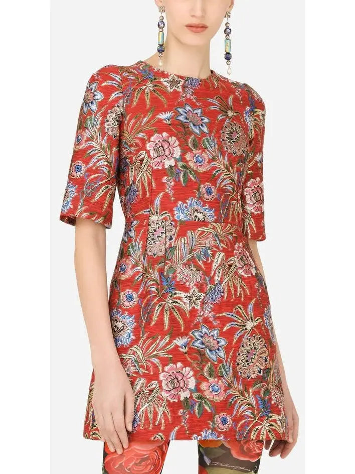 Floral Short Jacquard Dress - Dresses