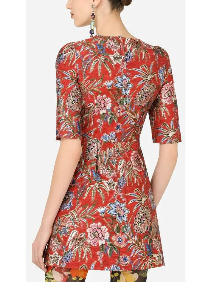 Floral Short Jacquard Dress - Dresses