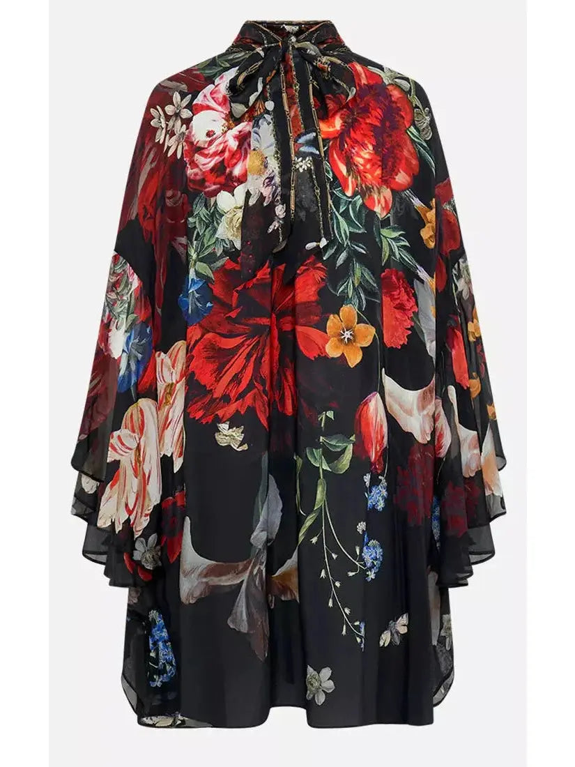 Floral Silk High Neck Ruffle Swing Dress - Dresses