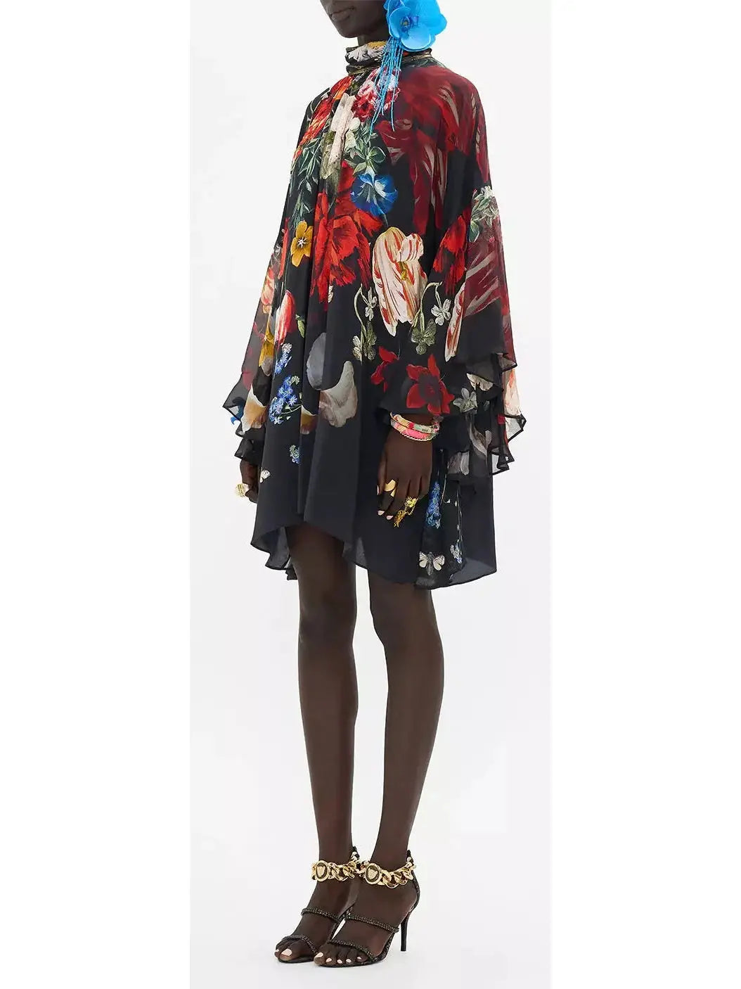 Floral Silk High Neck Ruffle Swing Dress - Dresses