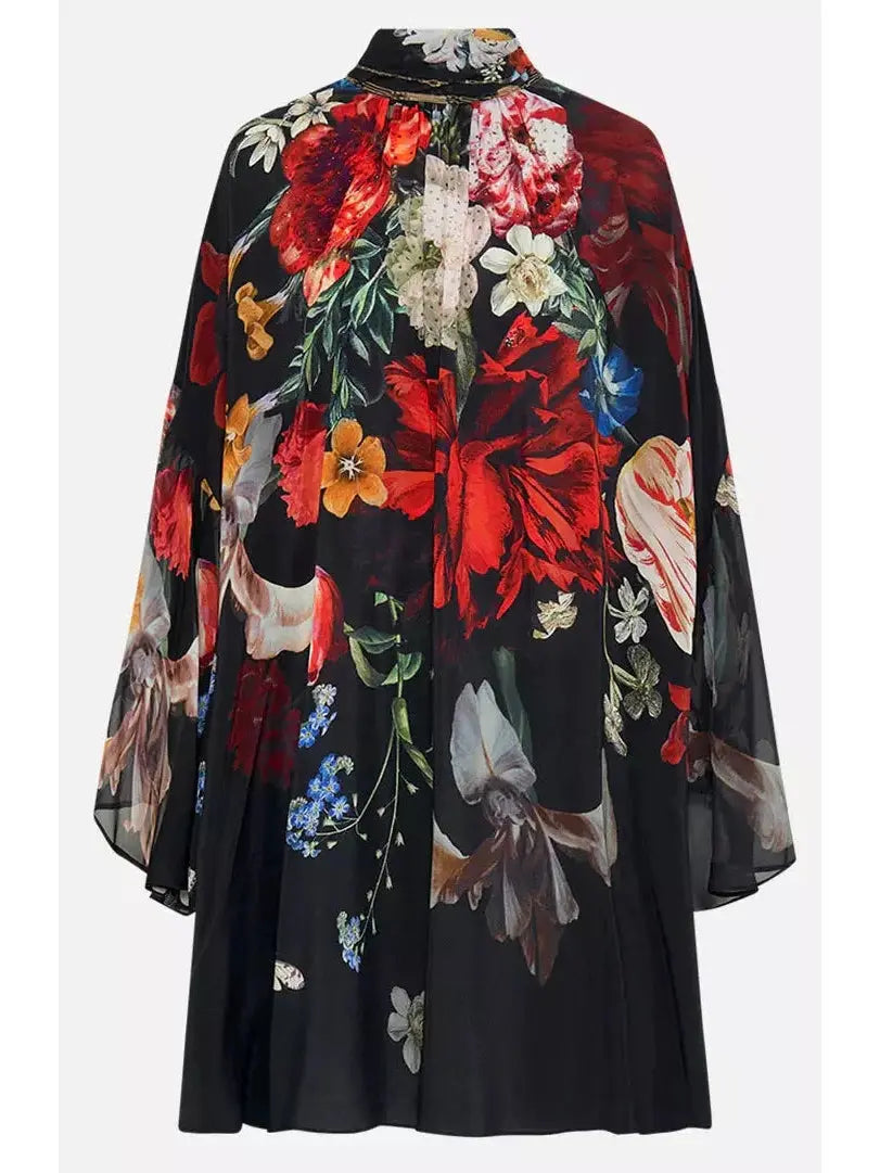 Floral Silk High Neck Ruffle Swing Dress - Dresses