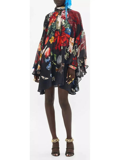 Floral Silk High Neck Ruffle Swing Dress - small - Dresses