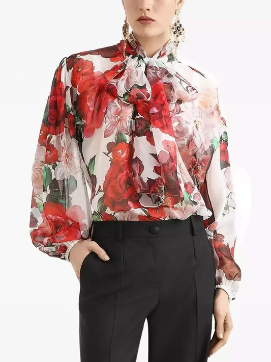 Floral Tie-Neck Silk Blouse - S - Tops