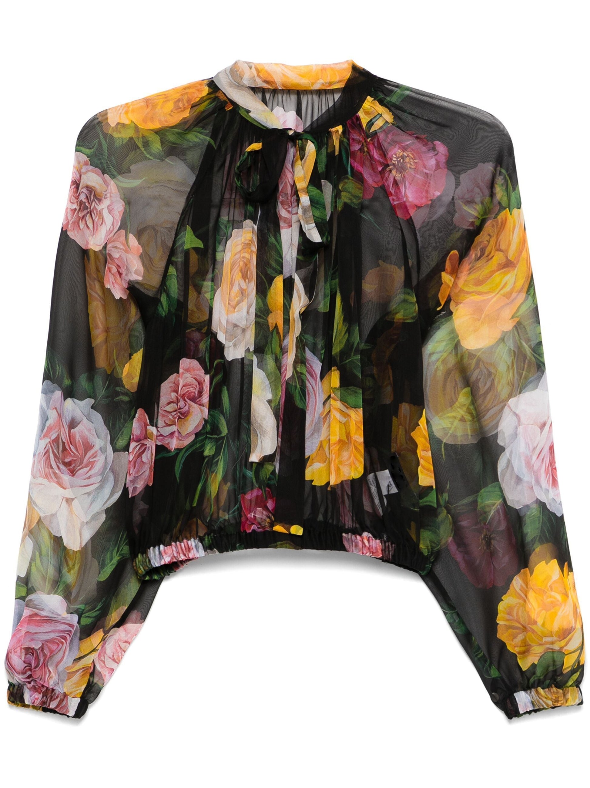 Floral Tie-Neck Silk Chiffon Cropped Blouse - Tops