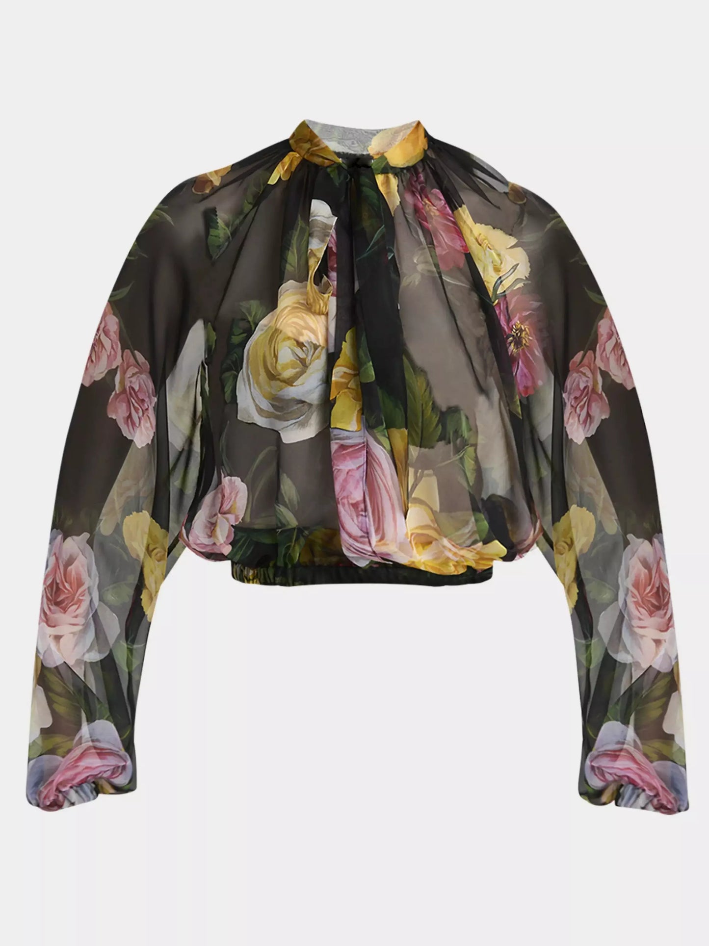 Floral Tie-Neck Silk Chiffon Cropped Blouse - Tops