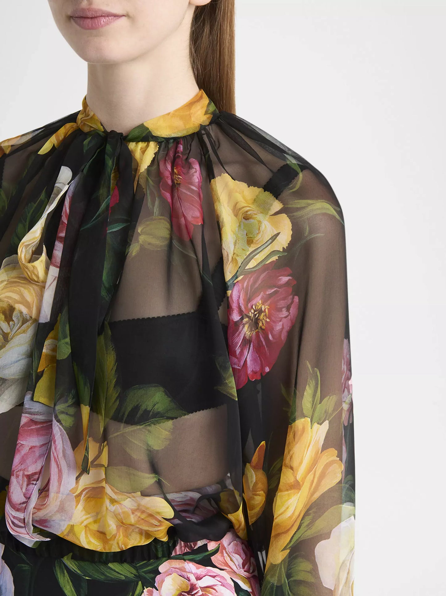 Floral Tie-Neck Silk Chiffon Cropped Blouse - Tops