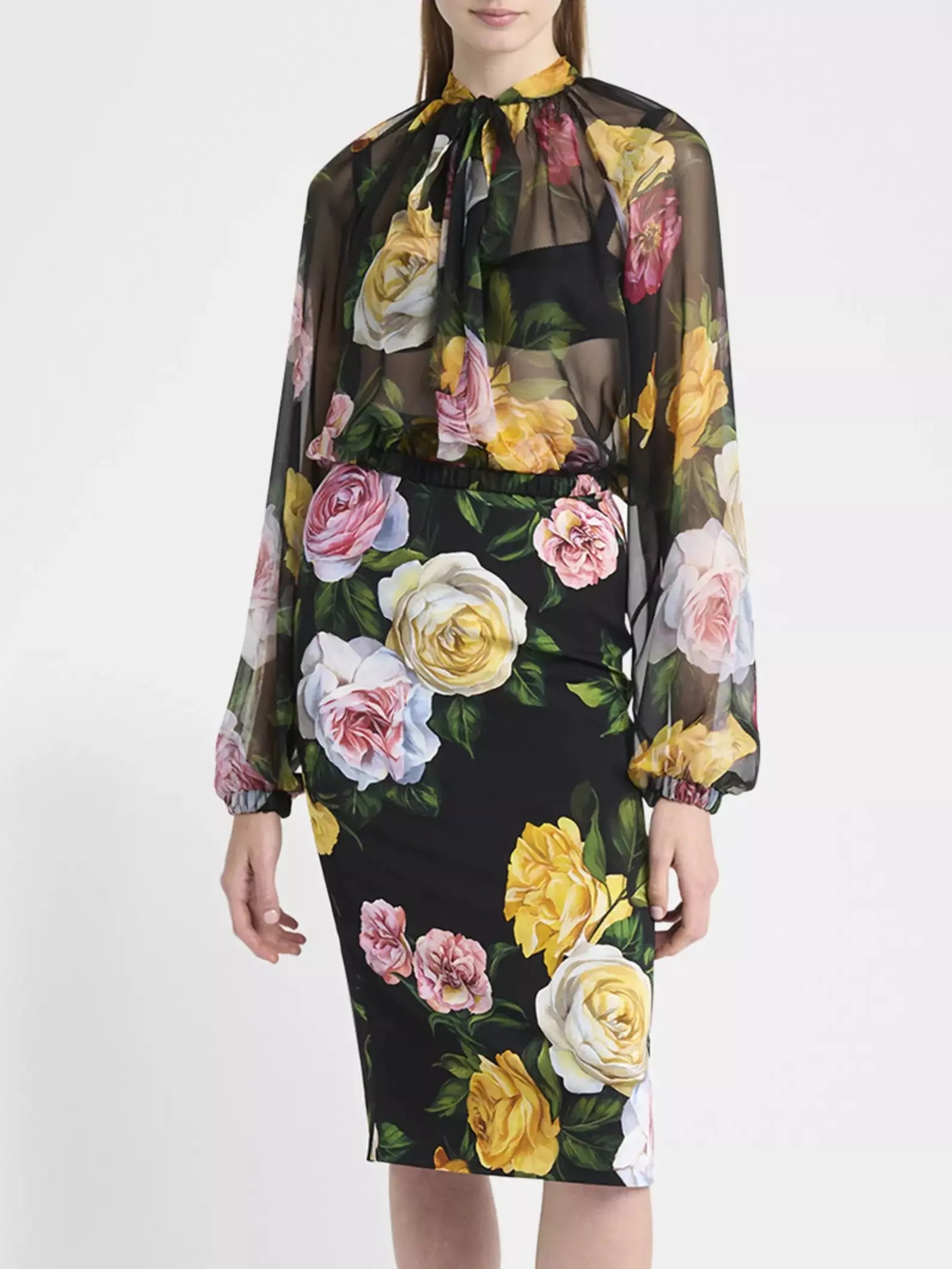 Floral Tie-Neck Silk Chiffon Cropped Blouse - Tops