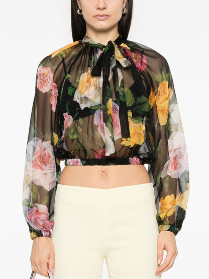 Floral Tie-Neck Silk Chiffon Cropped Blouse - Tops