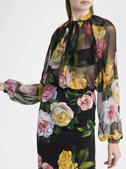 Floral Tie-Neck Silk Chiffon Cropped Blouse - Tops