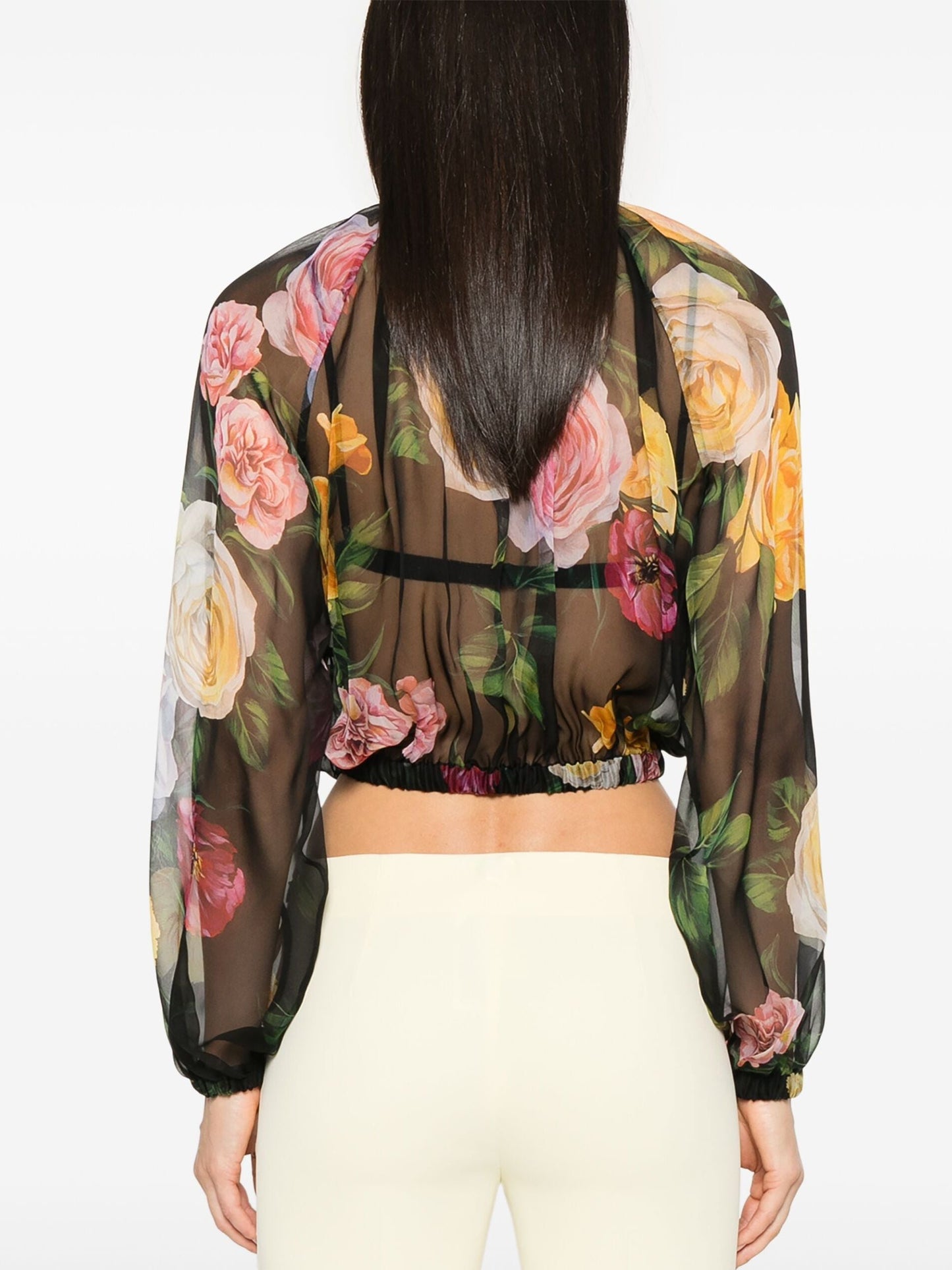 Floral Tie-Neck Silk Chiffon Cropped Blouse - Tops