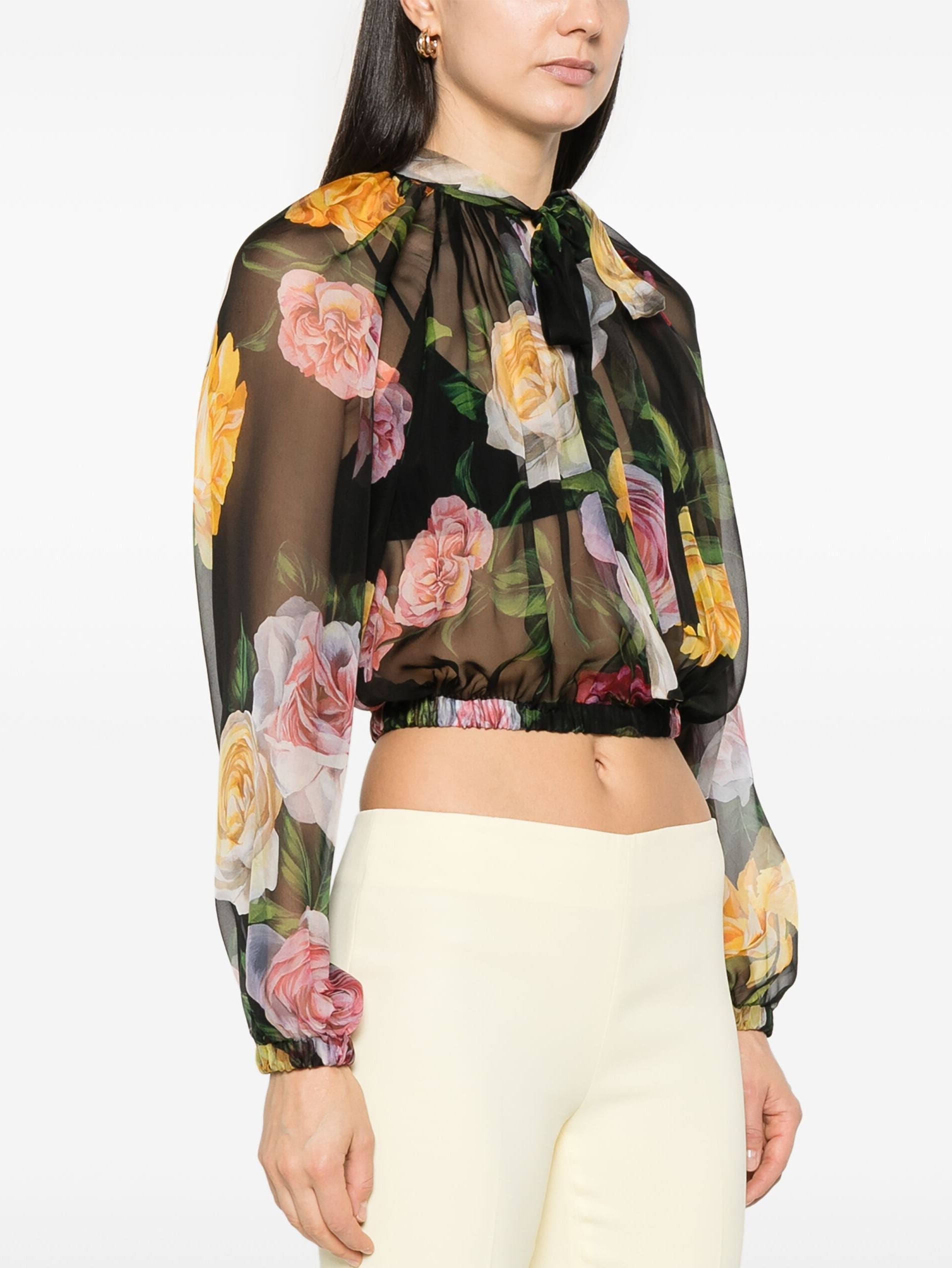 Floral Tie-Neck Silk Chiffon Cropped Blouse - Tops