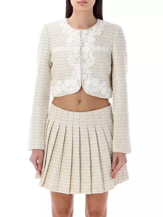 Floral Trim Boucle Tweed Jacket and Pleated Mini Skirt Set showcasing elegant style