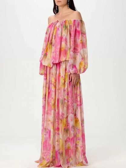 Floral Watercolor Print Off-Shoulder Dress - Dresses