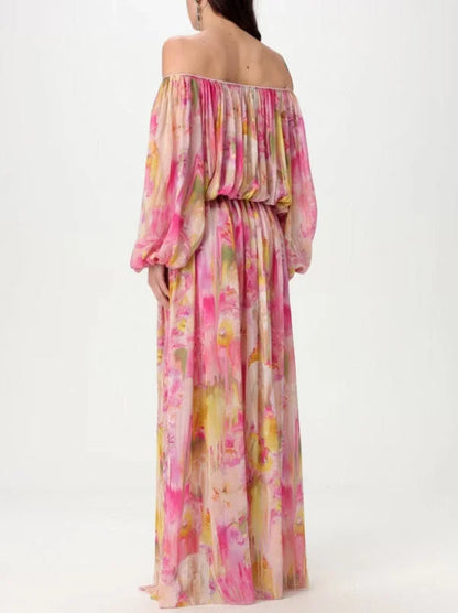 Floral Watercolor Print Off-Shoulder Dress - Dresses