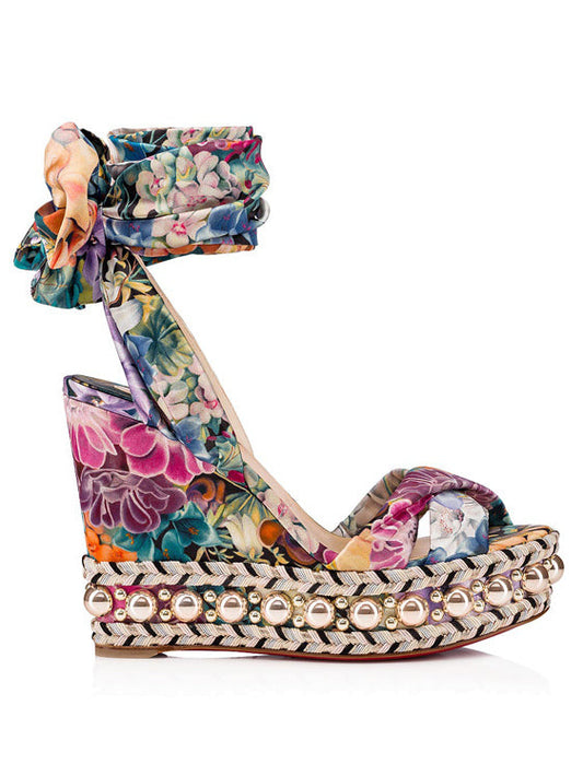 Floral Wrap-Around Wedge Sandals with Bead Embellishments - Footwear