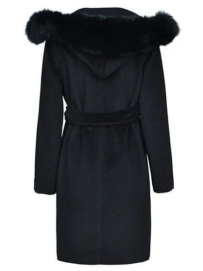 Fox Fur Hooded Wool Wrap Coat Black - Coats