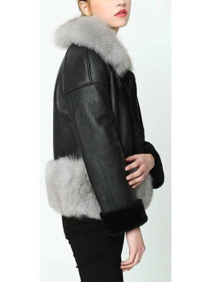 Fox-Fur-Trim Wool Lined Leather Jacket - Jackets