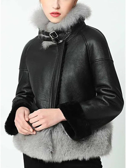 Fox-Fur-Trim Wool Lined Leather Jacket - Jackets