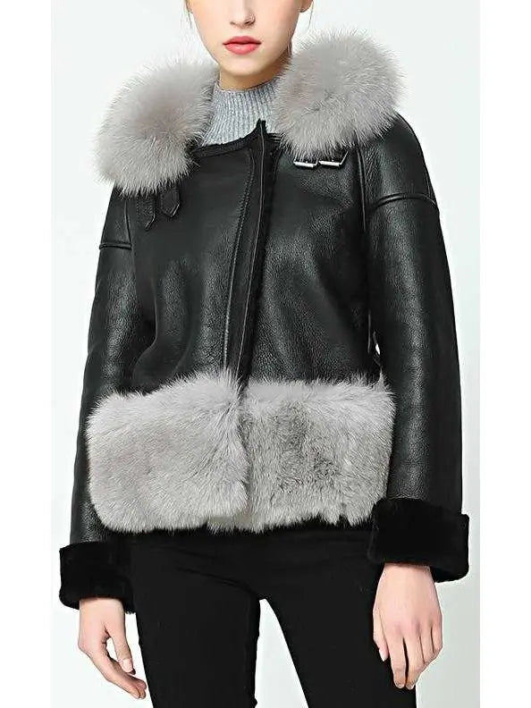 Fox-Fur-Trim Wool Lined Leather Jacket - Jackets