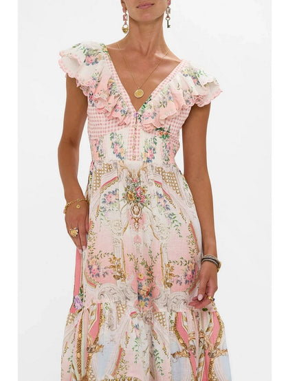 Frilled-Collar Tie-Back Printed Maxi Dress - Dresses