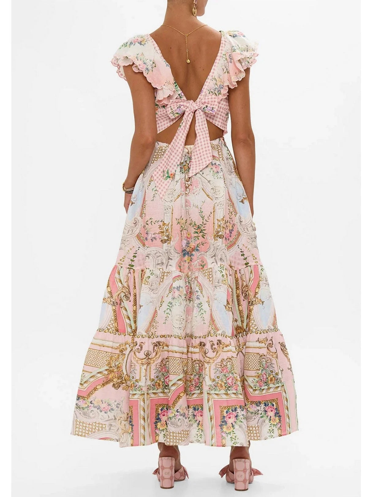 Frilled-Collar Tie-Back Printed Maxi Dress - Dresses