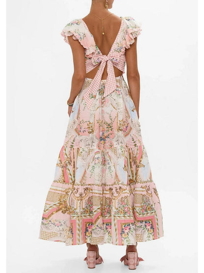 Frilled-Collar Tie-Back Printed Maxi Dress - Dresses
