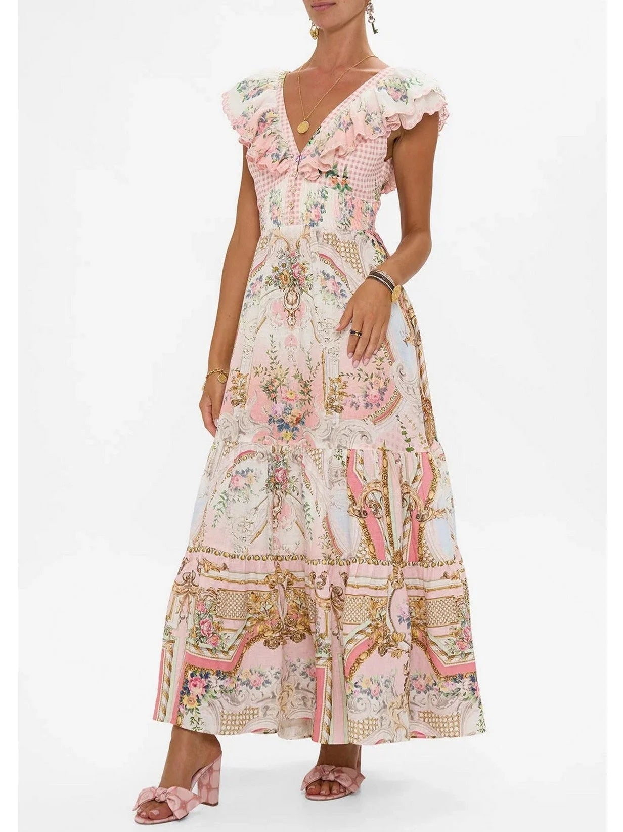 Frilled-Collar Tie-Back Printed Maxi Dress - Dresses