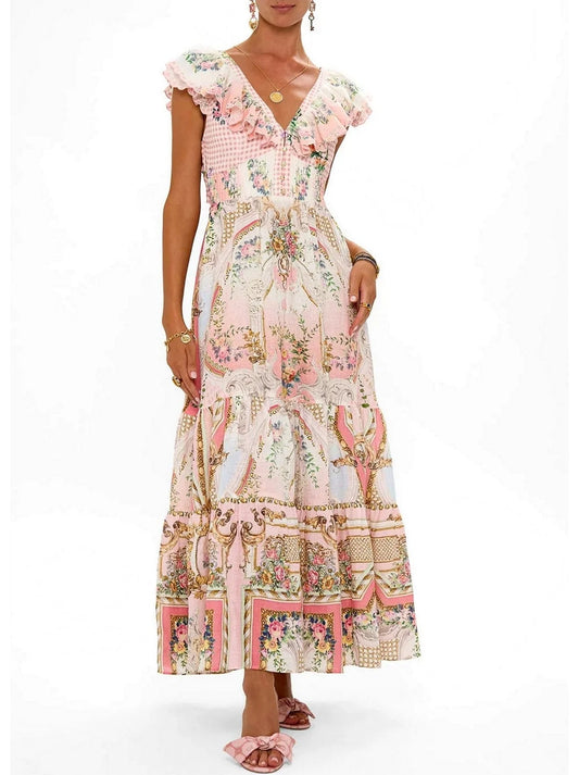 Frilled-Collar Tie-Back Printed Maxi Dress - XS - Dresses