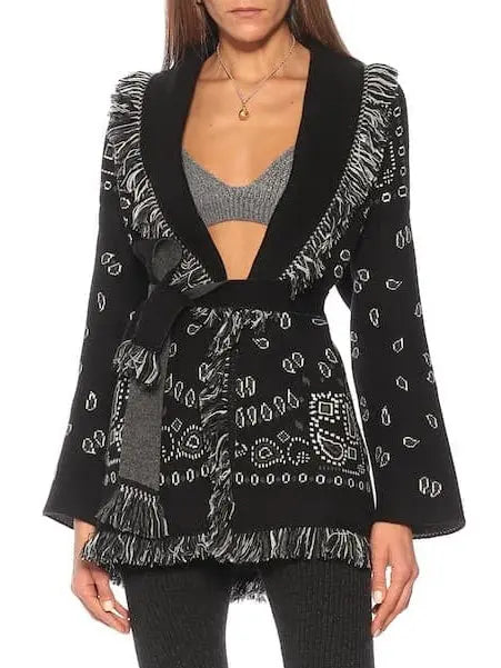 Fringed Bandana Cashmere Cardigan Black - Sweaters & Knitwear