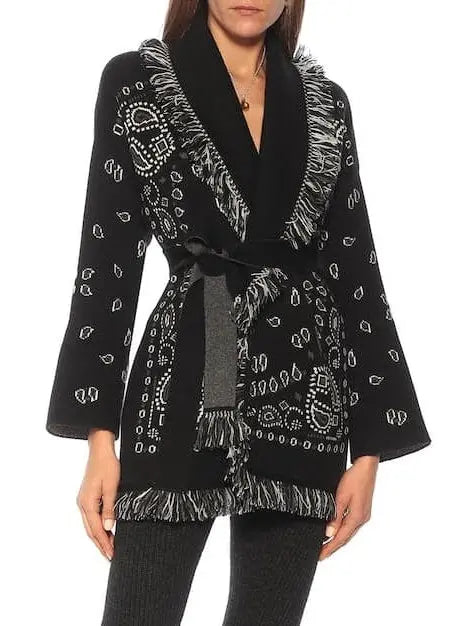 Fringed Bandana Cashmere Cardigan Black - Sweaters & Knitwear