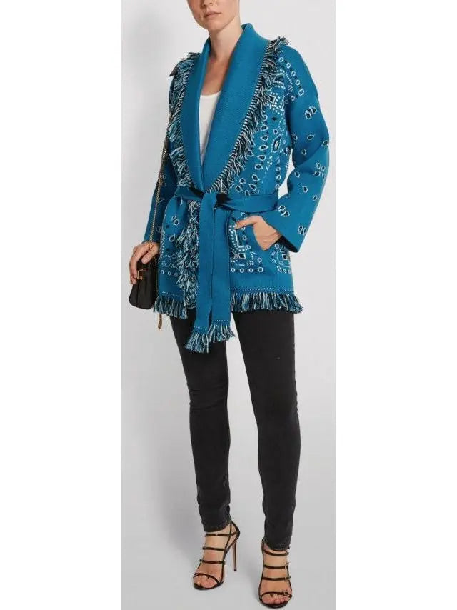 Fringed Bandana Print Cardigan Blue - Sweaters & Knitwear