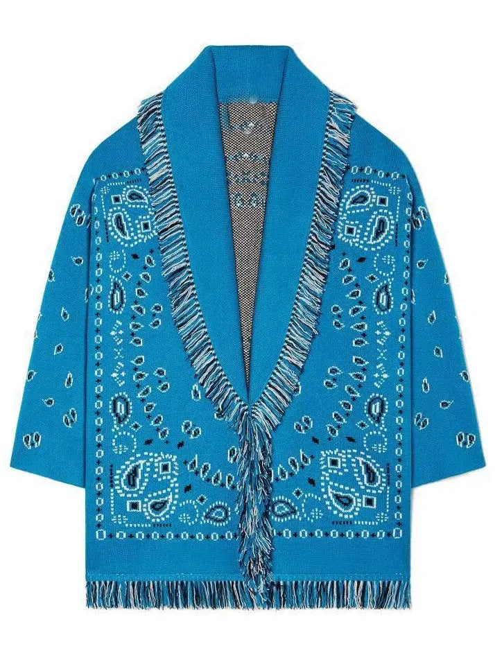 Fringed Bandana Print Cardigan Blue - Sweaters & Knitwear