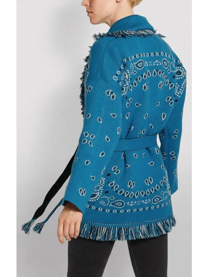 Fringed Bandana Print Cardigan Blue - Sweaters & Knitwear