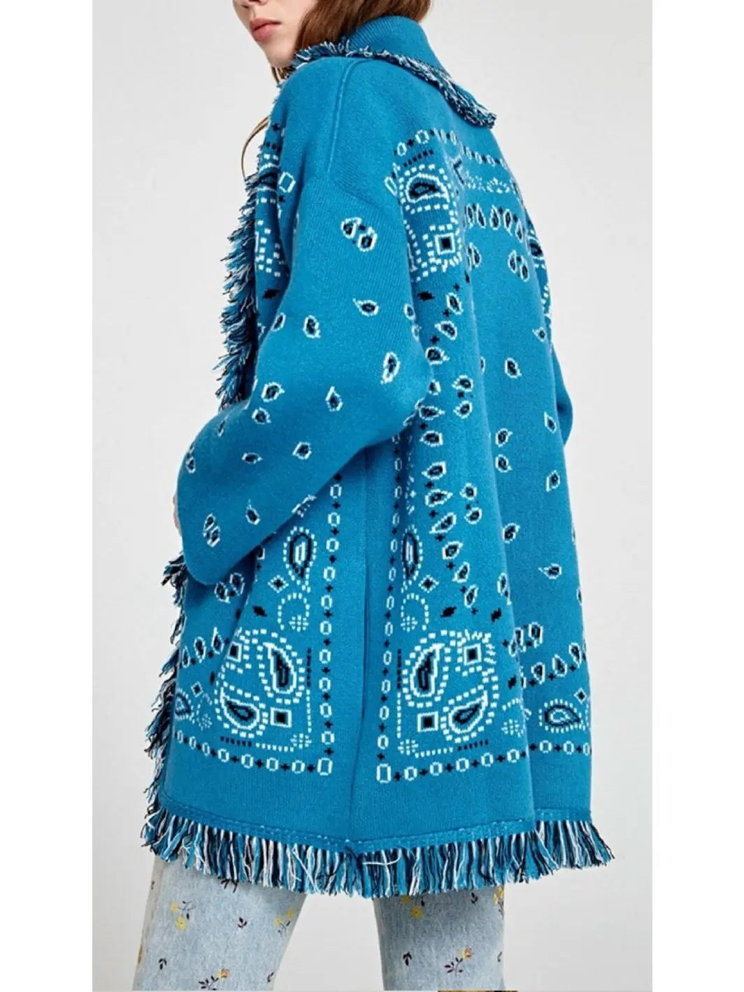 Fringed Bandana Print Cardigan Blue - Sweaters & Knitwear