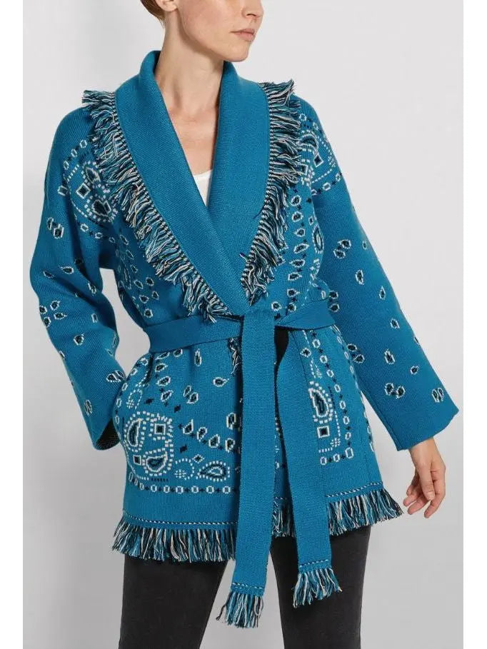 Fringed Bandana Print Cardigan Blue - Sweaters & Knitwear