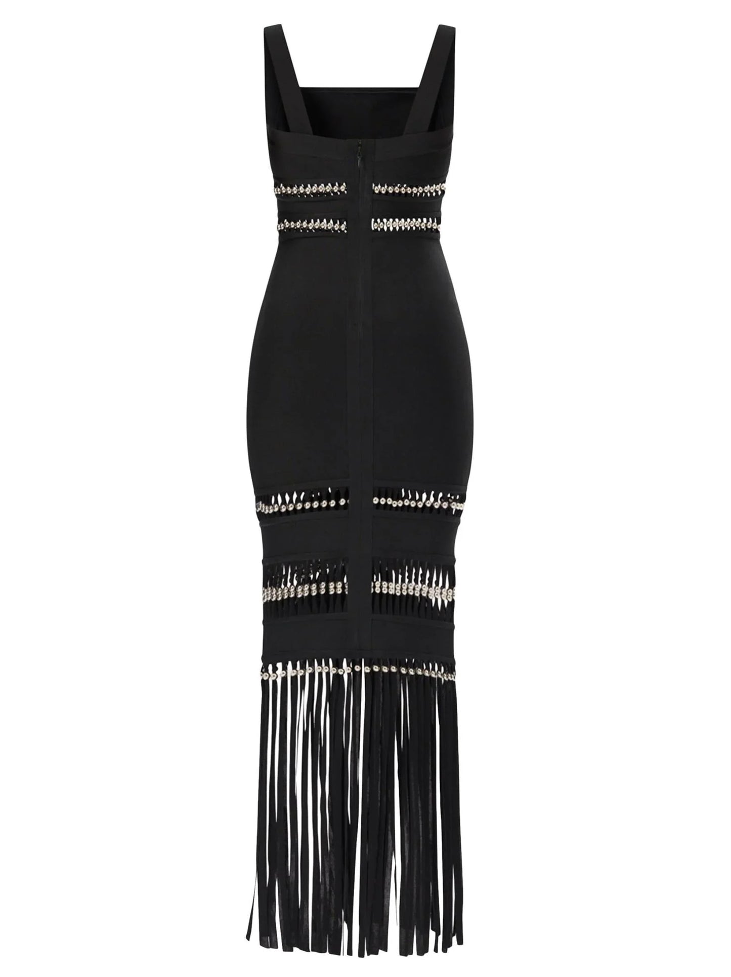Fringed Bead-Embellished Sleeveless Stretch Maxi Dress - Dresses
