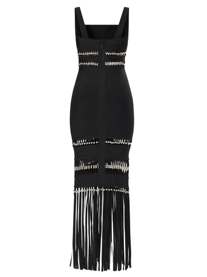 Fringed Bead-Embellished Sleeveless Stretch Maxi Dress - Dresses