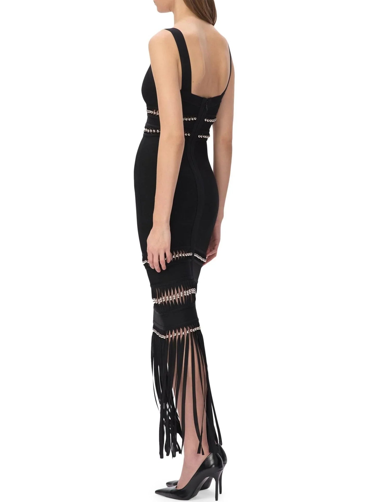 Fringed Bead-Embellished Sleeveless Stretch Maxi Dress - Dresses