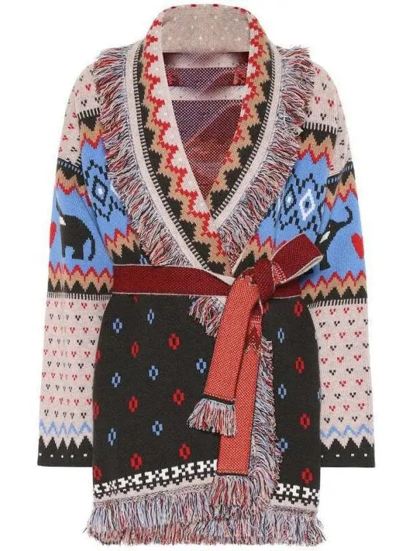 Fringed Belted Elephant Jacquard Cardigan - Sweaters & Knitwear