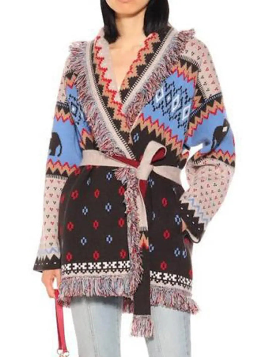 Fringed Belted Elephant Jacquard Cardigan - Sweaters & Knitwear